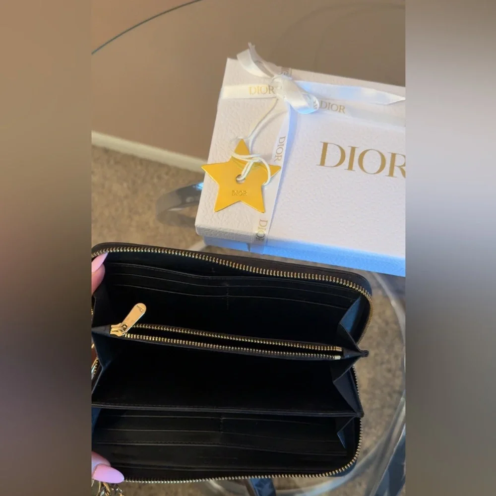 Dior Large Lady Dior Voyageur Black Quilted Lambskin Wallet with Gold Charm